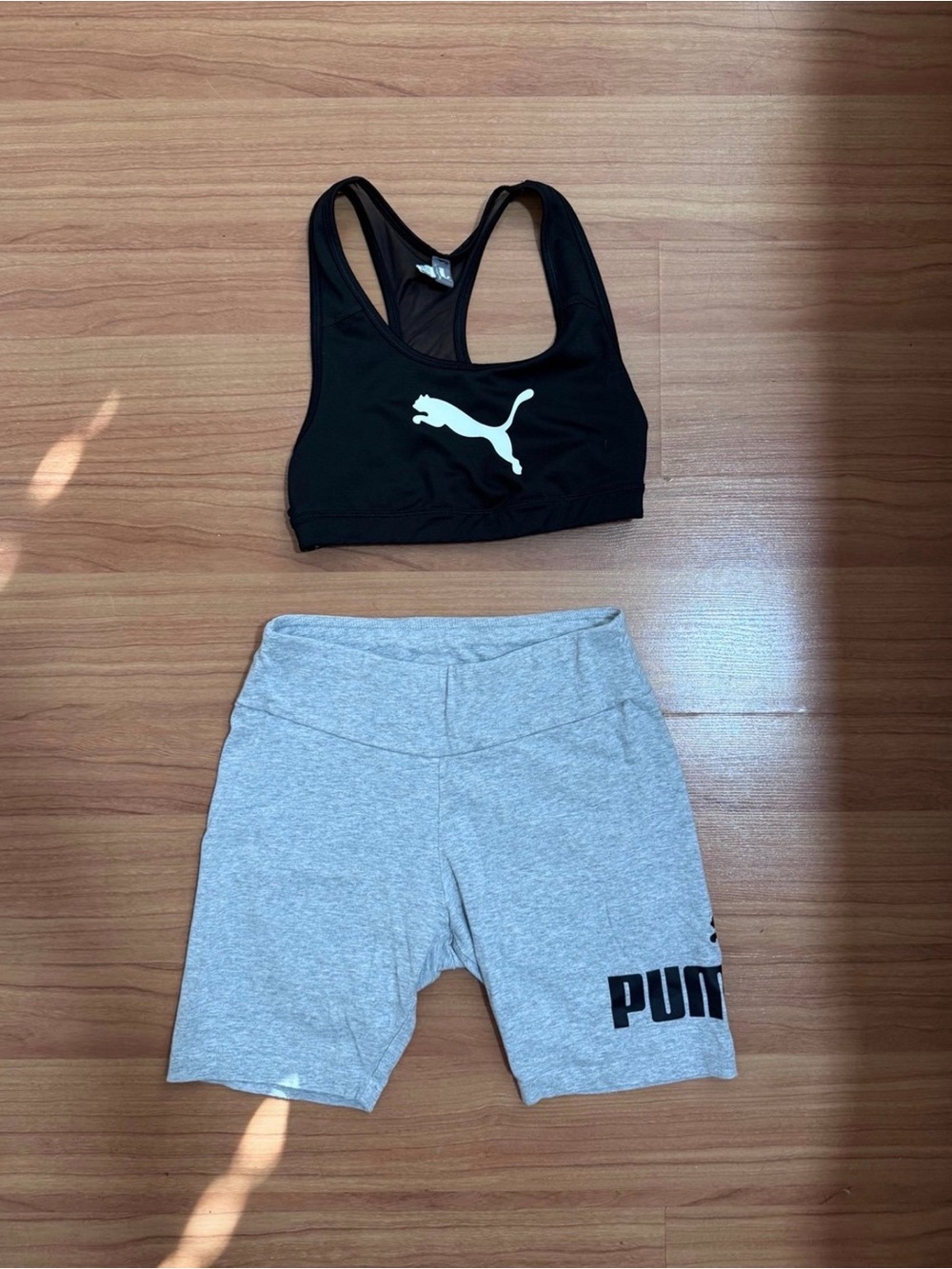 Puma Two-Piece Workout Set Black Sports Bra & Grey Biker Shorts